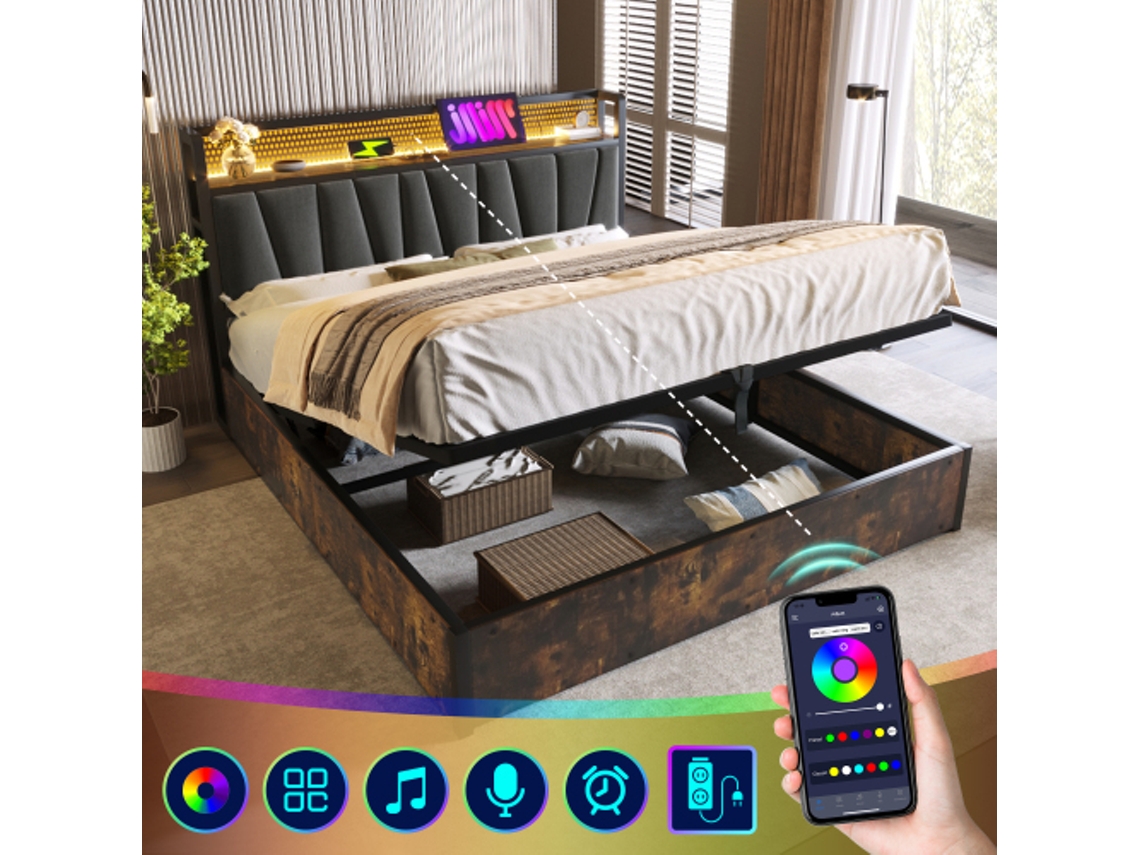 Cama LYYTUNG de Casal 180x200 cm de Madeira e Metal Robusta e Durável