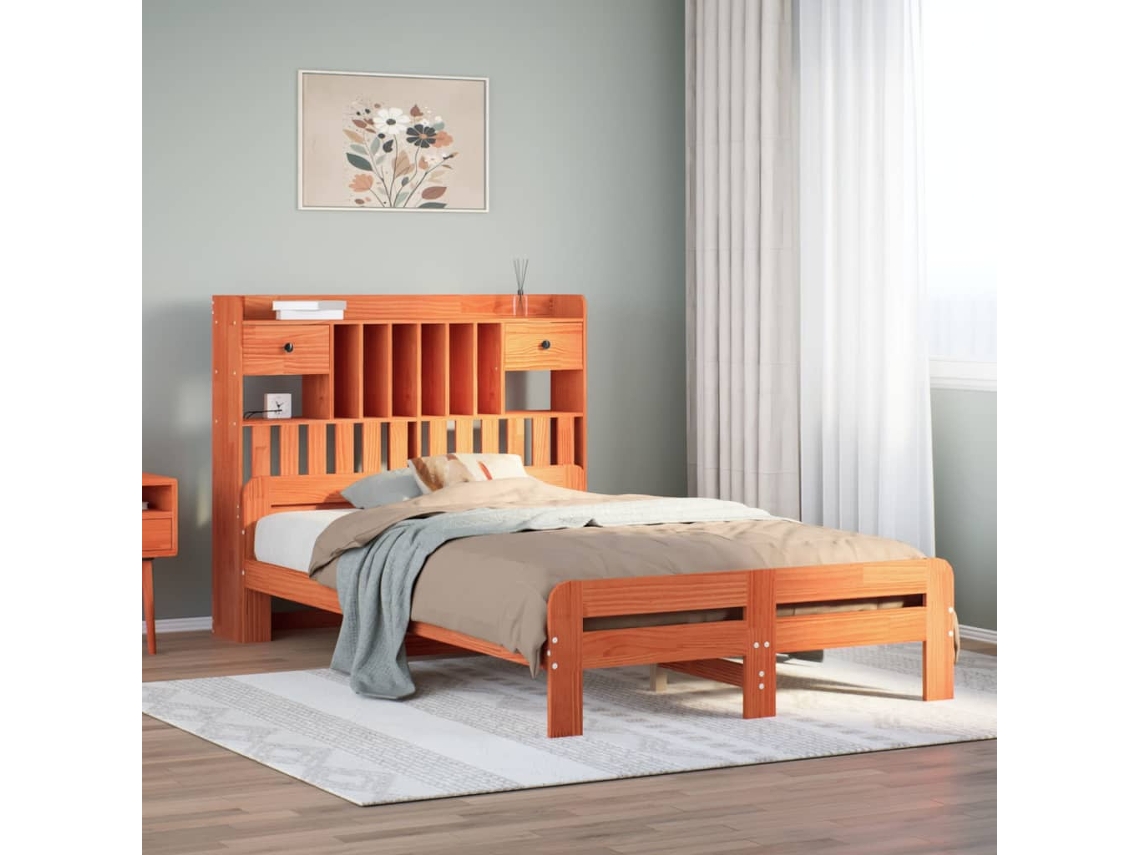 Vidaxl Cama Com Estante Sem Colchão 135x190 Cm Pinho Maciço