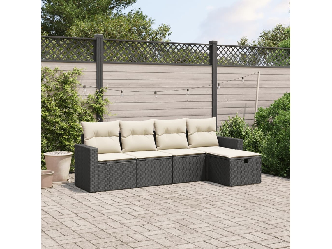 Vidaxl 5 Pcs Conjunto Sofás De Jardim Com Almofadões Vime Pe Preto