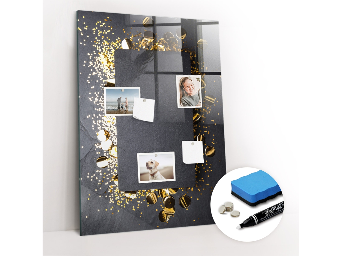 Quadro De Vidro Magnético Confetes Dourados Para O Escritório Espelharte (70x100 Cm)