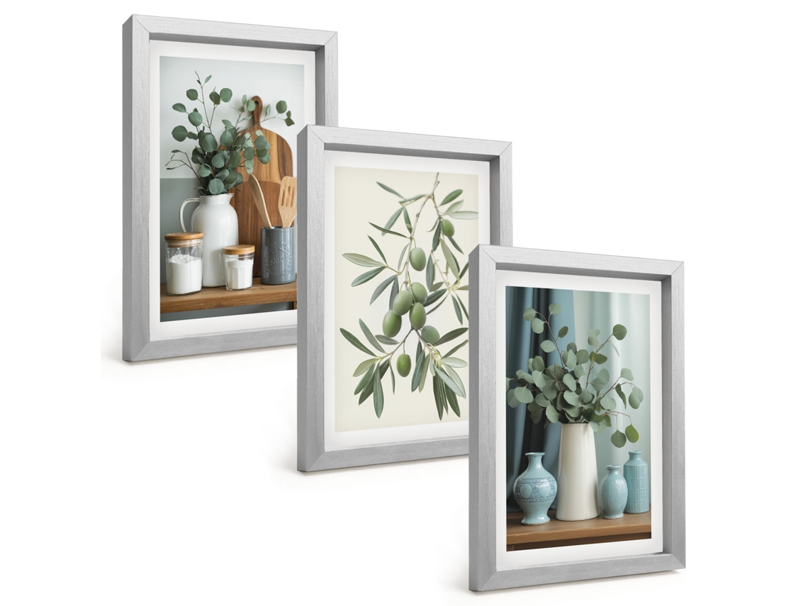 Quadros Decorativos Para Paredeazeitonas Verdes, Eucalipto Moldura Prateada Quadros Para O Escritório Espelharte (3 Peças 20x30 Cm)