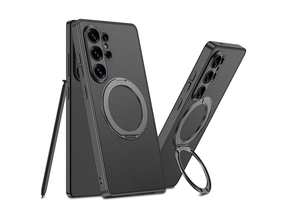 Capa Hexinyigjly Para Samsung S26 Ultra , Pele Com Anel Magnético E Suporte Invisível, Carregamento Sem Fios Preto