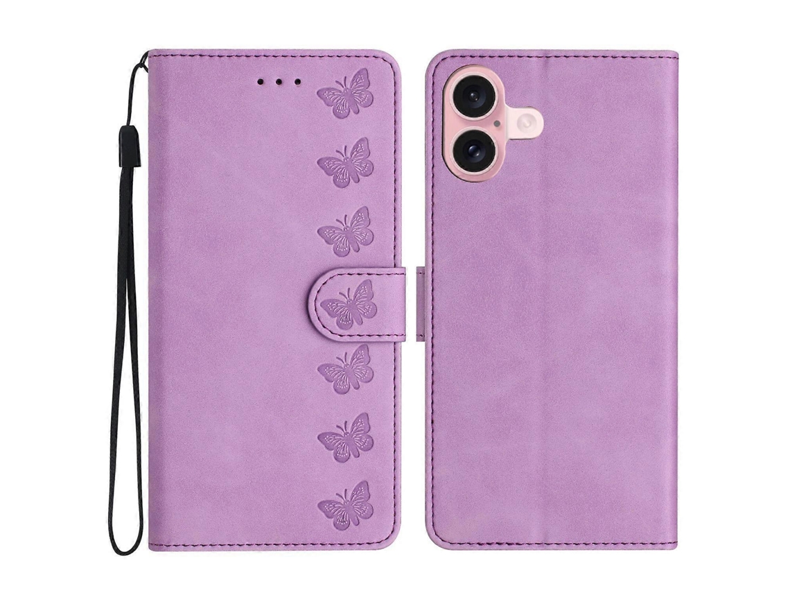 Capa De Couro Pu Com Estampa De Borboleta Para Iphone 16 Plus