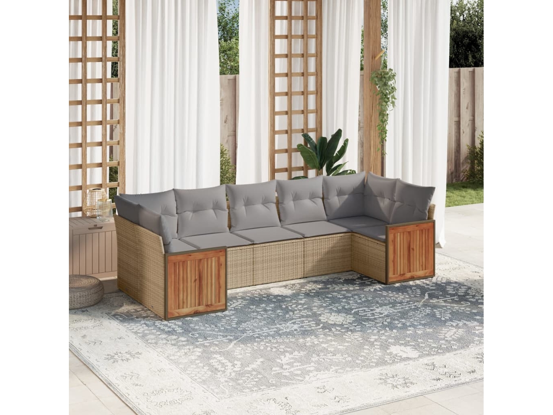 Vidaxl 7 Pcs Conjunto de Sofás P/ Jardim com Almofadões Vime Pe Bege