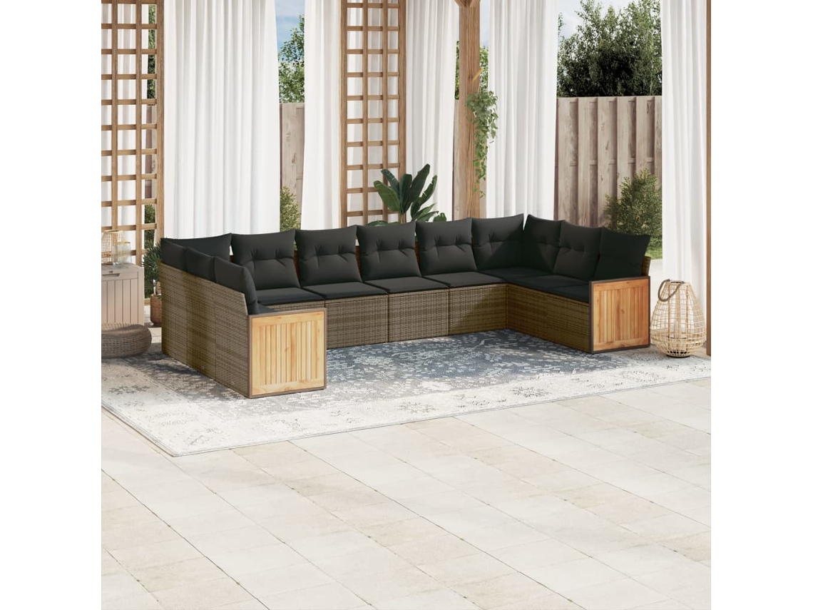 Vidaxl 10 Pcs Conjunto Sofás De Jardim C/ Almofadões Vime Pe Cinzento