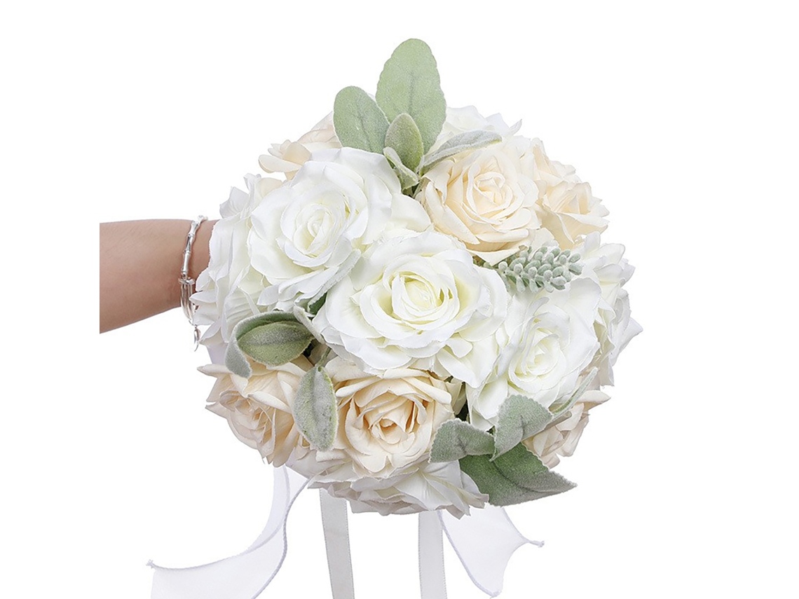 Laxiscreed Bouquet De Noiva Com Rosas Brancas E Champagne Para Casamento, Decoração Artificial