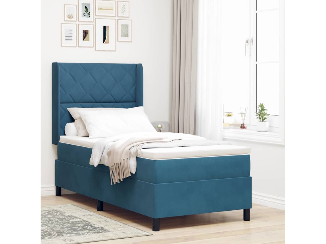 Vidaxl Cama Box Com Cabeceira Azul 90 X 200 Cm Veludo
