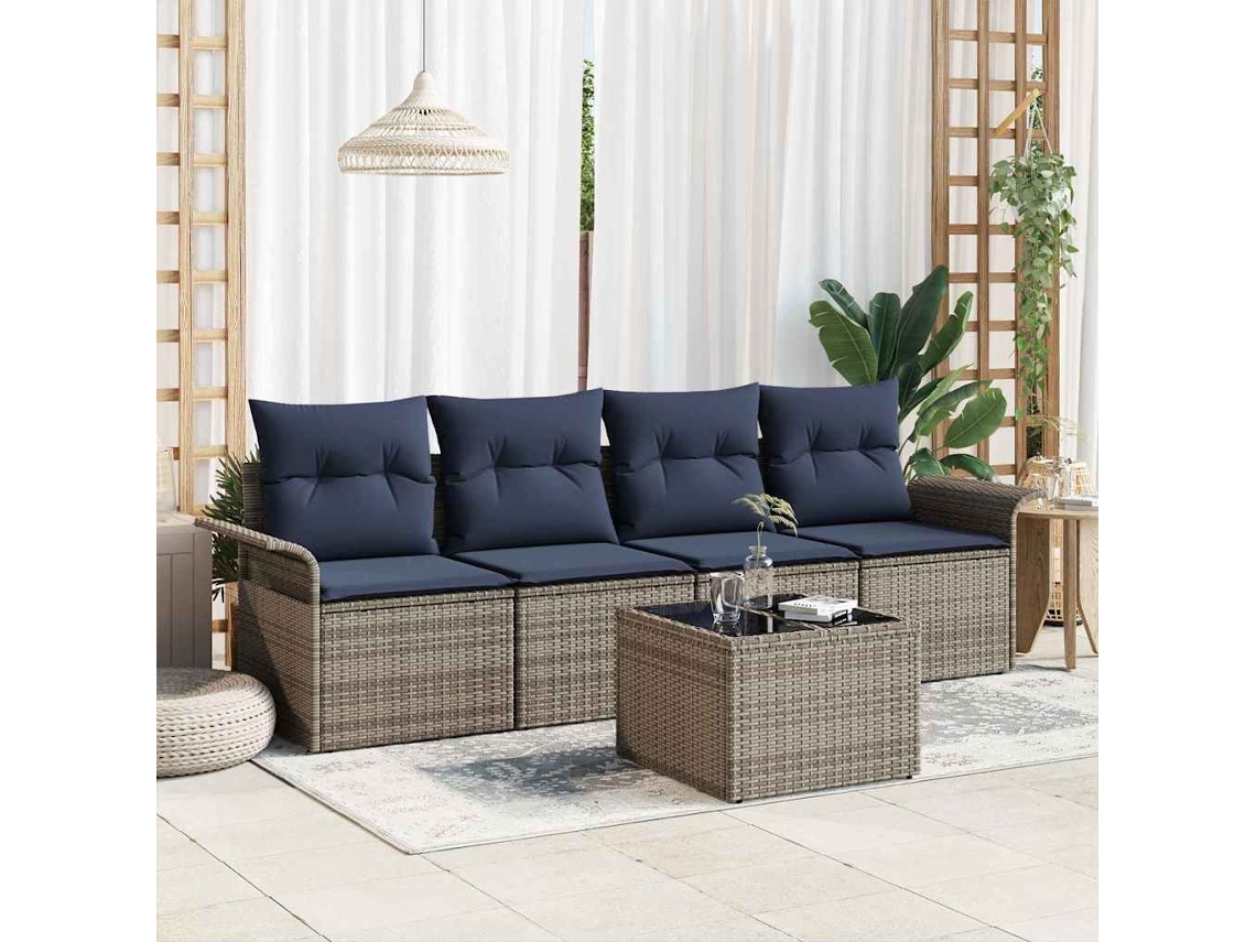 Vidaxl Conjunto De Sofá De Jardim 5 Pcs Cinza E Azul Marinho Vime Pe