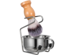 Kit para barba masculina com escova, recipiente de metal dividido e suporte de madeira.