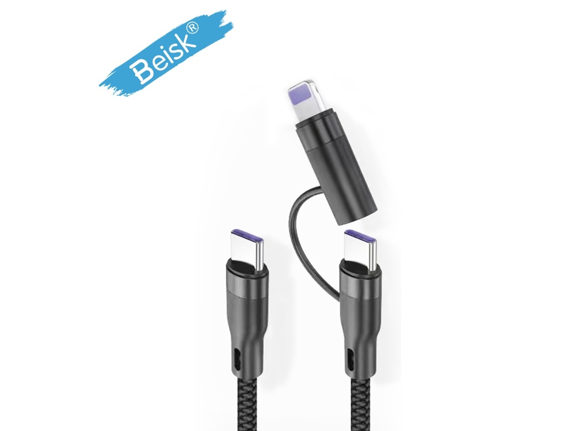 Cabo De Dados De Carregamento Rápido Beisk 3-em-1 - Lightning Interfaces Duplas De Tipo C, Carregamento Eficiente E Transferência De Dados, Preto 1