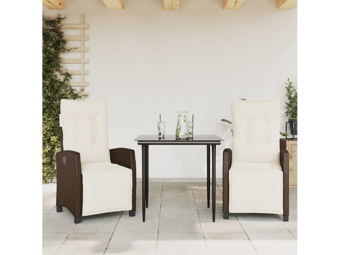 Vidaxl 3 Pcs Conjunto Jantar P/ Jardim C/ Almofadões Vime Pe Castanho