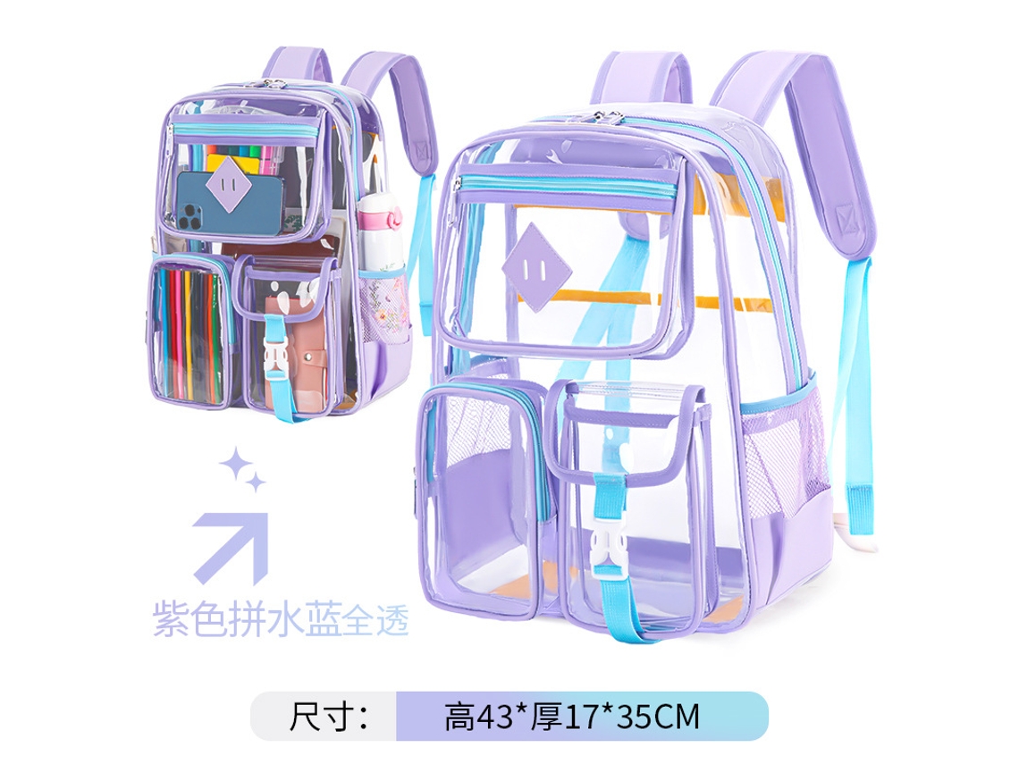 Mochila Escolar Transparente, Impermeável E De Grande Capacidade.roxo E Azul Claro