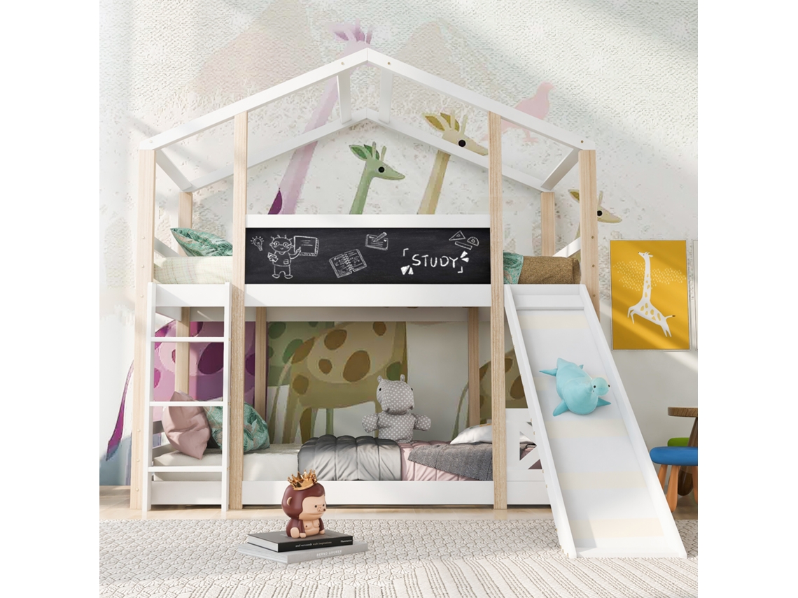Cama Alta 90x200cm Crianças Com Escorrega, Escada E Prateleiras Natural Branco