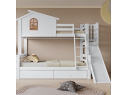 Cama Beliche Com Janelas Decorativas, Escada Articulada De 4 Degraus, Escorregador E Duas Gavetas. Estrutura Maciça Em Branco: 90x200 E 120x200 Cm.