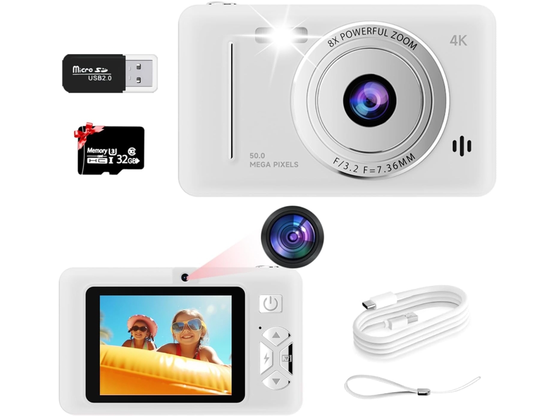Câmera Infantil 4k 48mp com Tela de 2,7" e Cartão de 32gb IKIKSO (branca)