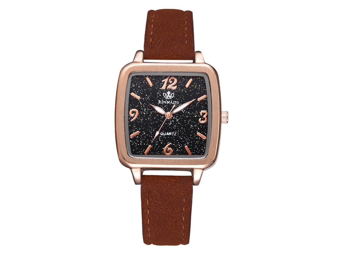 Relógio de Pulso Feminino de Quartzo com Mostrador Quadrado Estrelado e Pulseira de Couro Pu Marrom