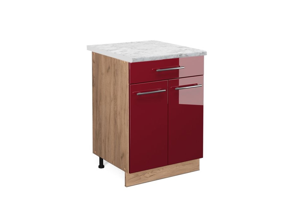 Armário de cozinha Vicco Fame-Line, vermelho Borgonha alto brilho, 60 cm com gaveta, mármore PA