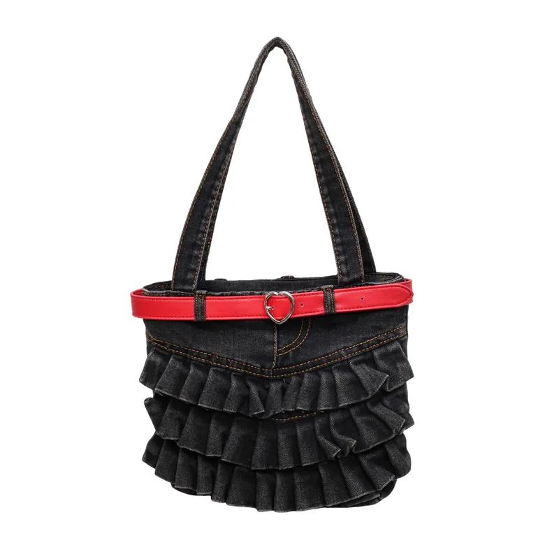 Bolsa Feminina De Jeans Com Babados (preta), Bolsa Tote Casual E Charmosa.