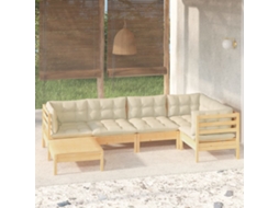 Vidaxl 6 Pcs Conjunto Lounge Jardim C/ Almofadões Creme Pinho Maciço