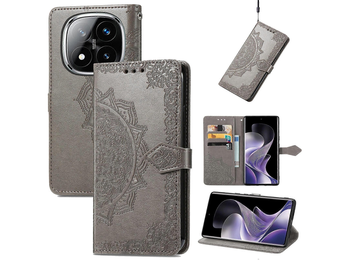 Capa Tipo Carteira Com Estampa De Mandala E Flor De Couro Para Xiaomi Redmi Note 14 Pro 5g, Cinza