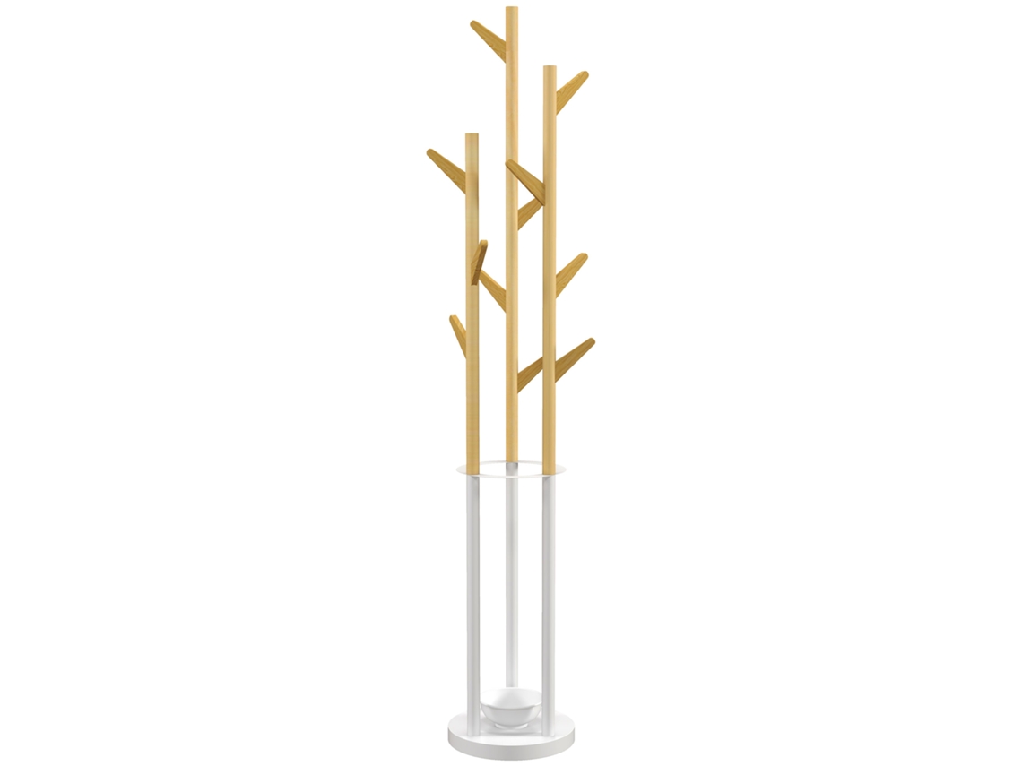 Cabideiro Com 13 Ganchos, Guarda-chuva De Metal E Bambu, Natural E Branco.