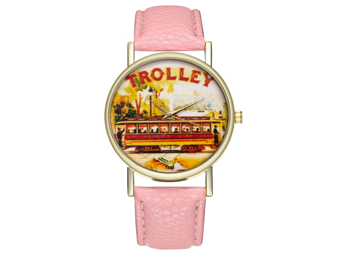 Reloj De Pulsera Unisex Con Correa De Pu Dial Redondo Patrón Trolley Cuarzo (rosa)