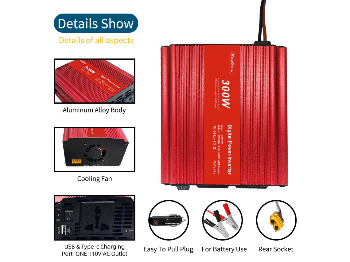 Inversor De Energia 300w 12v Para 220v Com Usb E Type C Para Carro