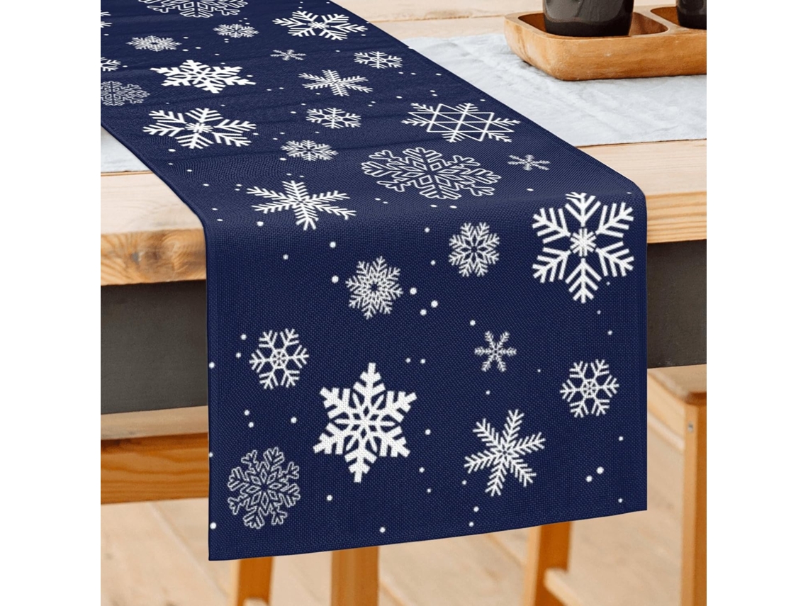 Camino De Mesa De Invierno Con Copos De Nieve Azul Marino, 33x183 Cm