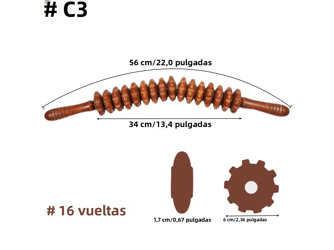 (modelo C3) Massageador De Madeira Com Rolos De Três Pontos, Para Fáscia E Celulite.