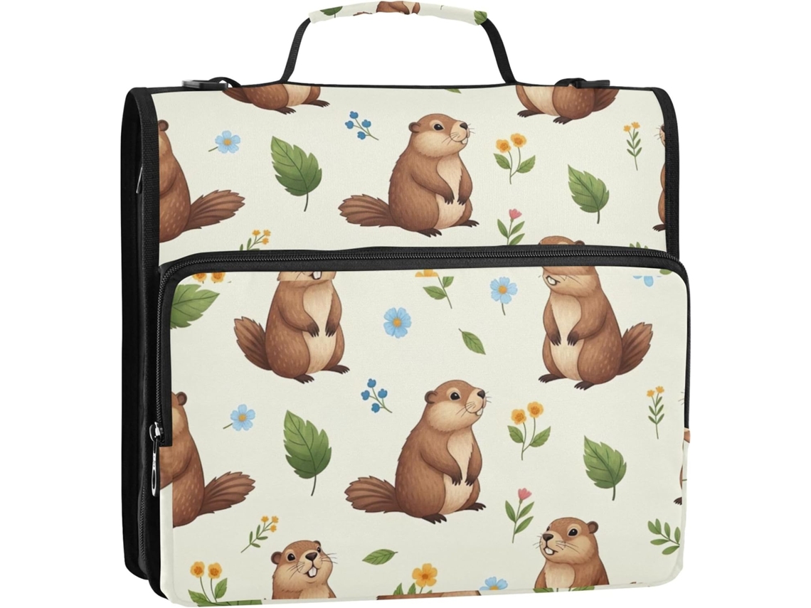 Pasta De 3 Argolas Com Zíper, Estampa Floral Bege De Marmotas, 3, 8cm 1, 5 Polegadas, Organizador Com Alça, Ideal
