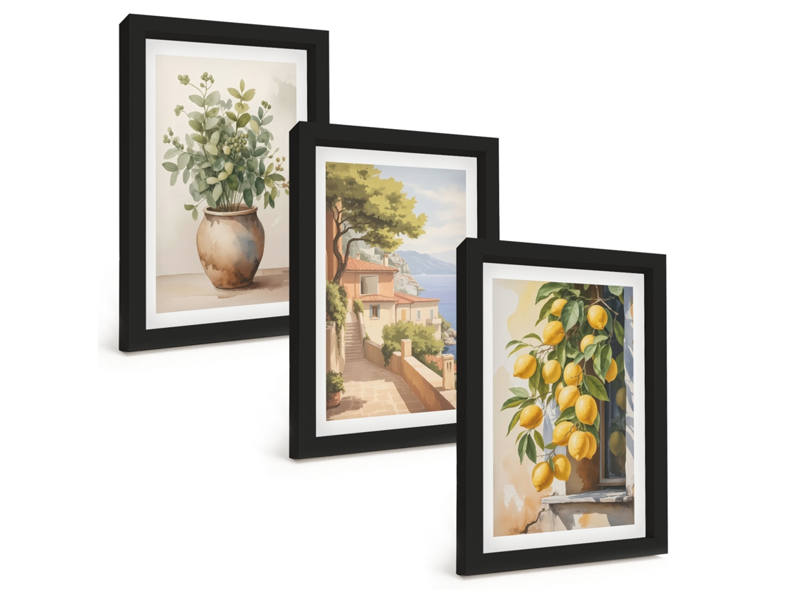 Composição De Quadros Na Paredeflores Em Um Vaso, Mar, Limões Moldura Preta Quadros Para A Sala De Estar Espelharte (3 Peças 20x30 Cm)