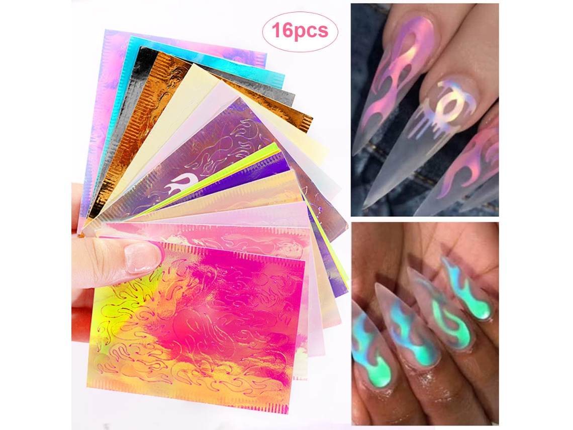 16 Pcs Adesivos De Unhas De Fogo Holográfico Estêncil Para Manicure Decoração De Unhas Flamejantes