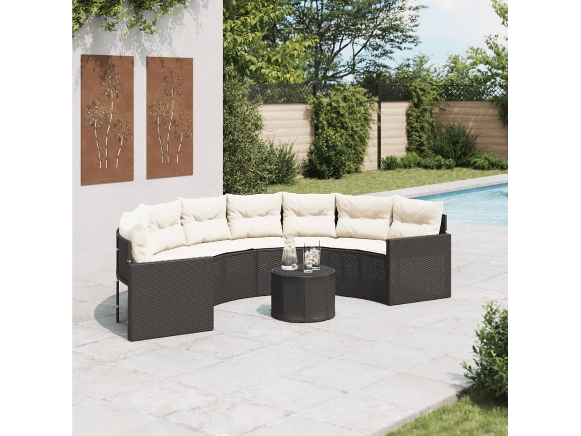 Vidaxl Sofá De Jardim Com Mesa E Almofadões Semicircular Vime Pe Preto