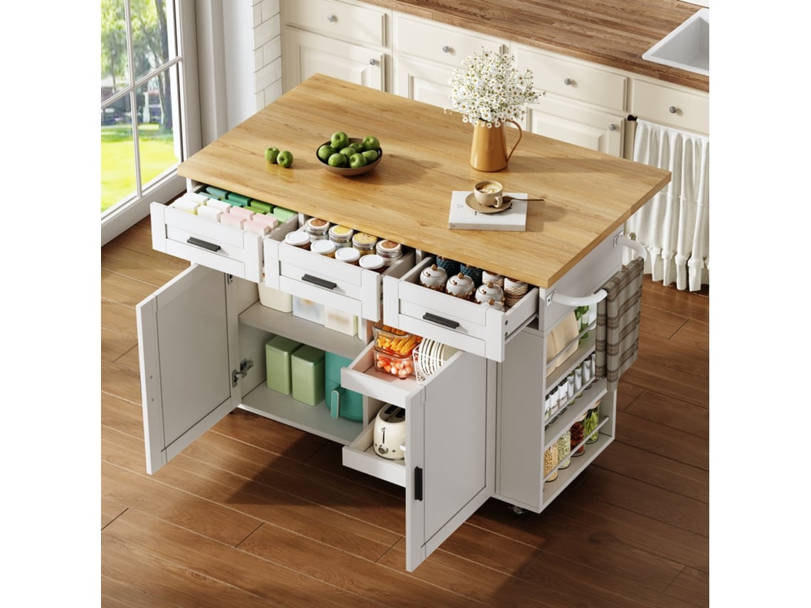 Ilha Central Com Gavetas E Rodas Em Mdf Natural E Branco