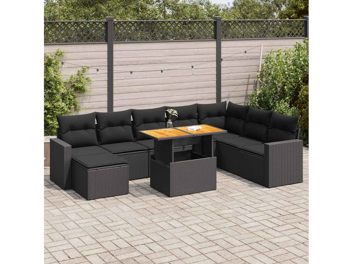 Vidaxl 9 Pcs Conjunto De Sofás P/ Jardim C/ Almofadões Vime Pe Preto