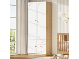 Armário 2 Portas C/ Gavetas, Guarda-roupa Quarto, Móvel Infantil, Cabideiro, Puxadores Cerâmica Coloridos, Branco Laqueado, 80x45x200 Cm.