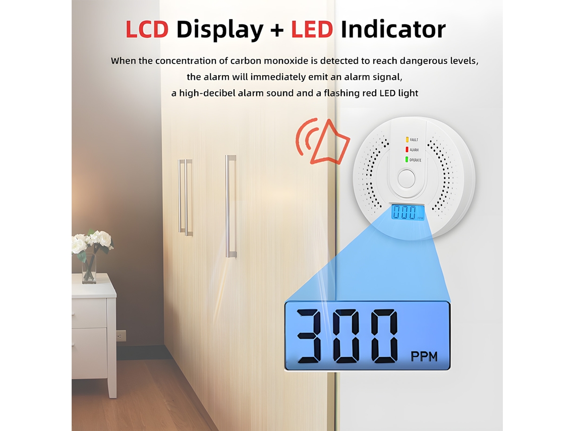 Detector de Monóxido de Carbono com Tela LCD e Bateria (5pcs) | S/MARCA