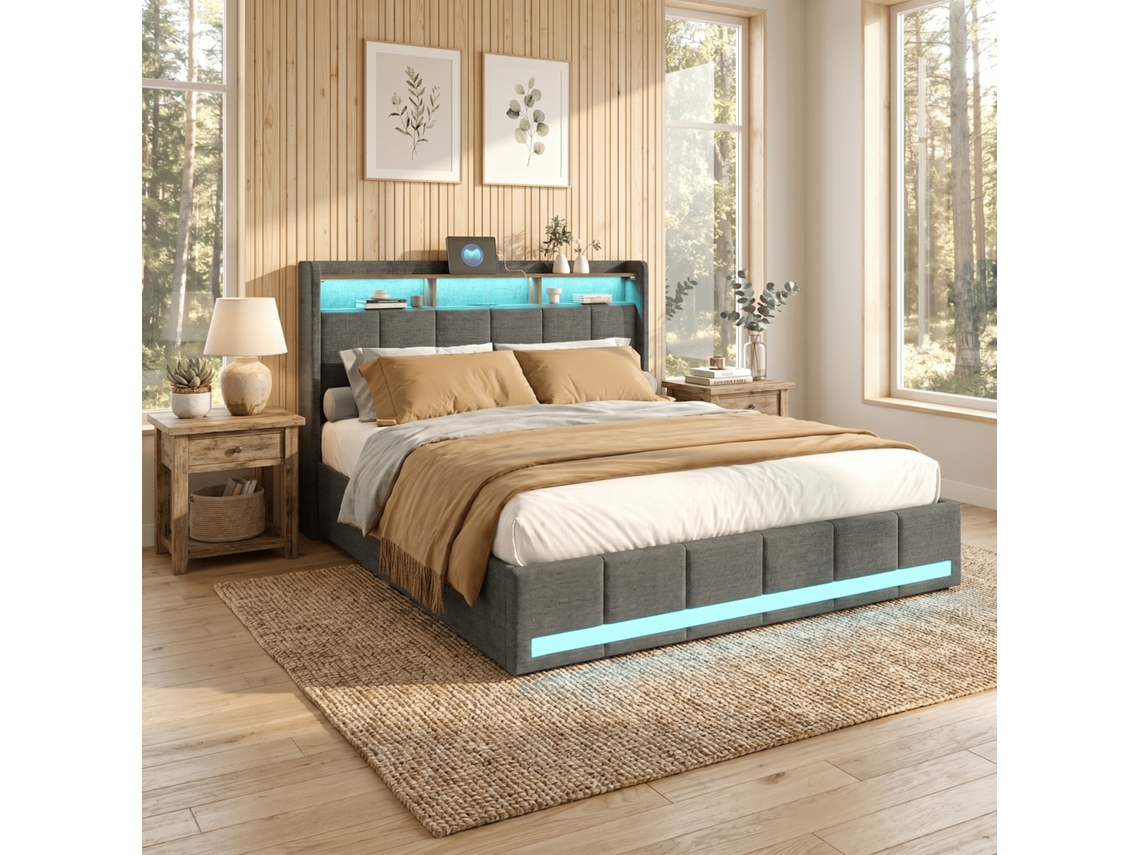 Cama Estofada de Casal 180x200 Cm com Portas Usb C, Estrutura de Cama com 4 Gavetas Inferiores, Iluminação Led e Cabeceira, Cinza RESETIZE