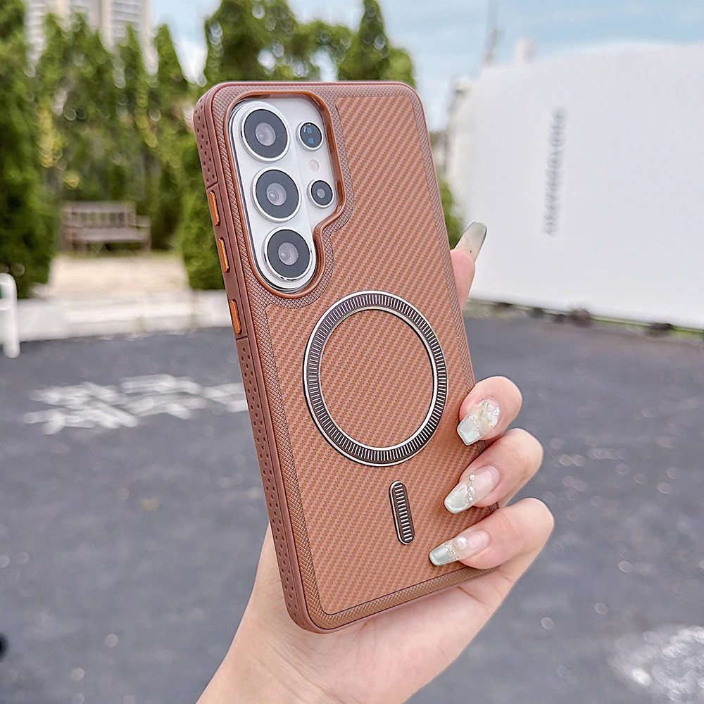 (marrom S25fe) Capa Protetora Rígida Magnética Magsafe De Fibra De Carbono De Alta Qualidade