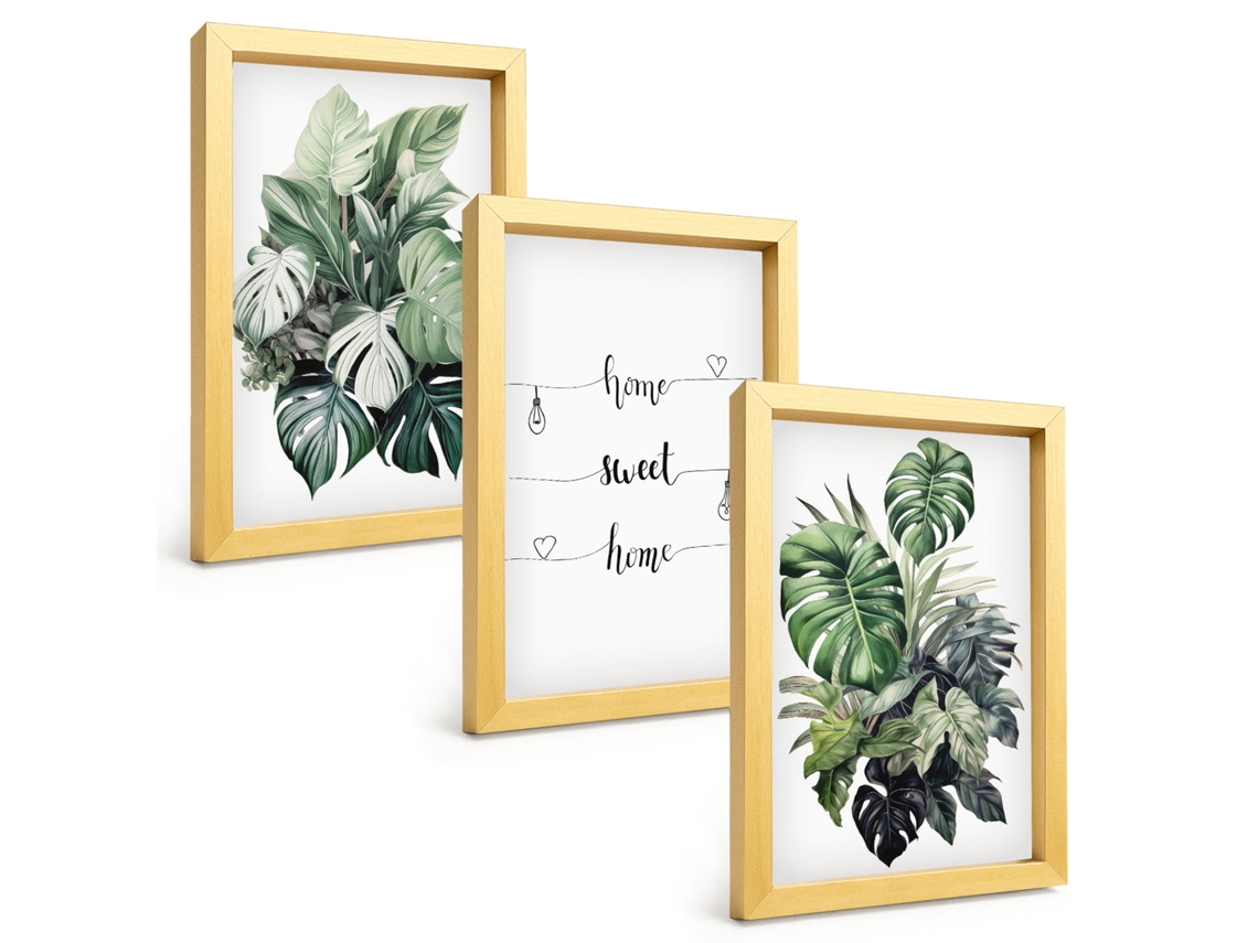 Composição De Quadros Folhas De Monstera Em Aquarela Espelharte (3 Peças 20x30 Cm)
