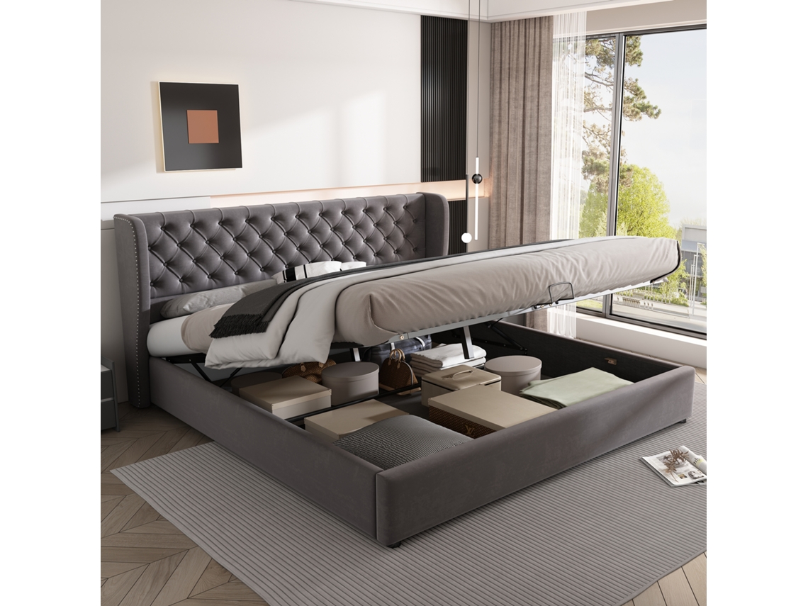 Cama Box Ouvido Seda 180x200 Latão Estofado Preto Cinza