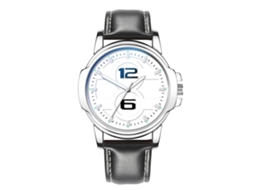 Relógio de pulso masculino analógico de quartzo com pulseira de couro e mostrador redondo preto e branco.