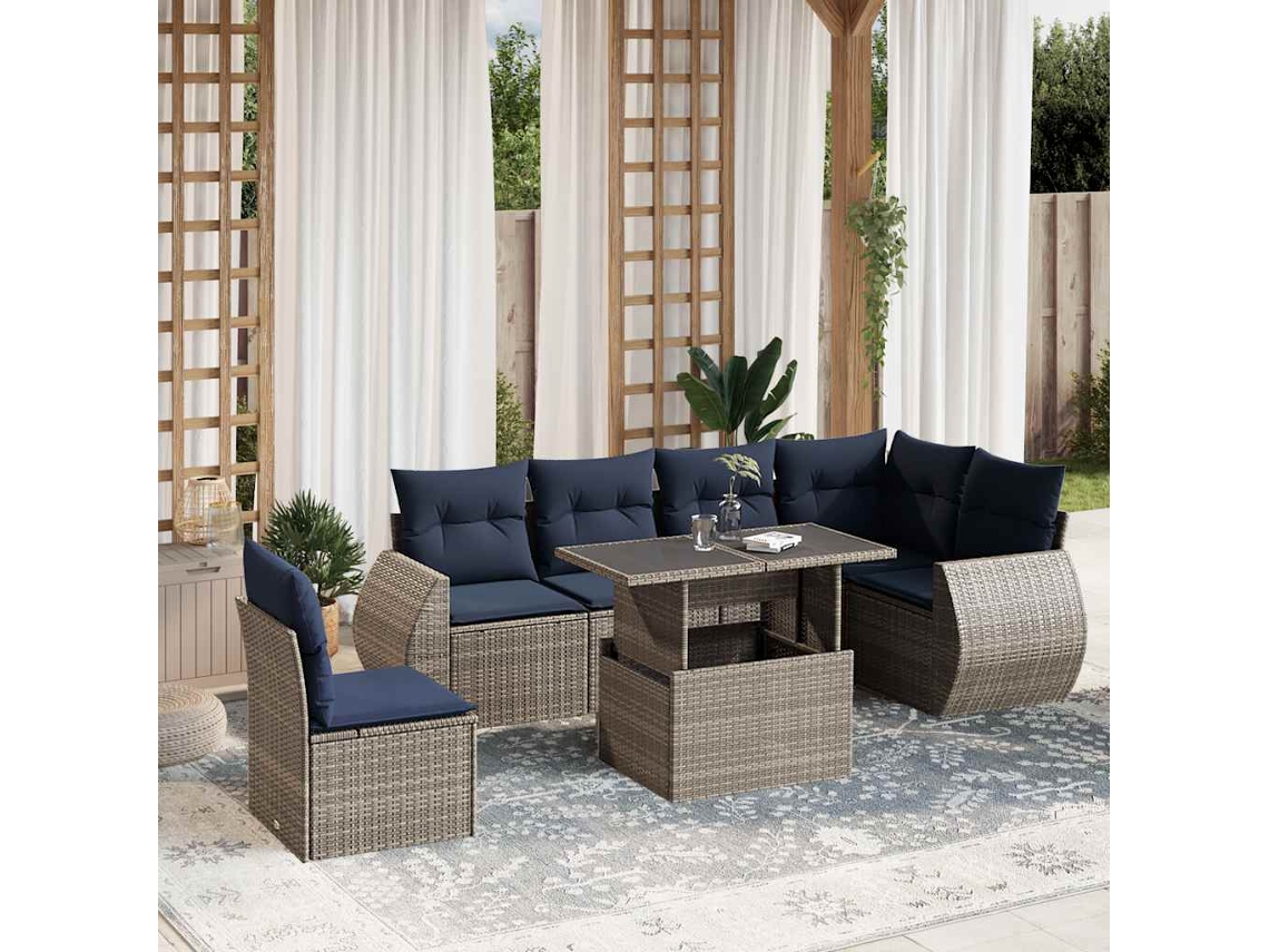 Vidaxl Conjunto De Sofá De Jardim Com 7 Peças E Almofadas Em Rattan Sintético Cinza