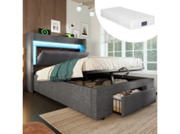 Cama Solteiro 90x200 cm com Compartimentos Laterais, USB, Tecido Chenille ZKAKA