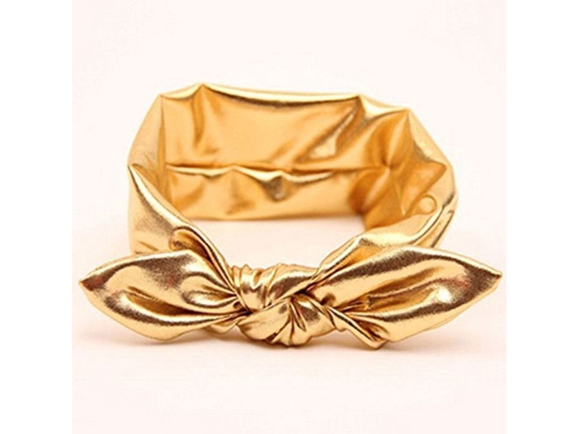Diadema Elástica Para Niñas Bebe Com Laço Grande Metalizado Ouro Tela 0-6 Anos
