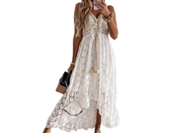 Vestido Midi De Encaje Con Volantes Para Mujer, Verano Elegante, Escote V, Sin Mangas, Fiesta Y Playa S Blanco