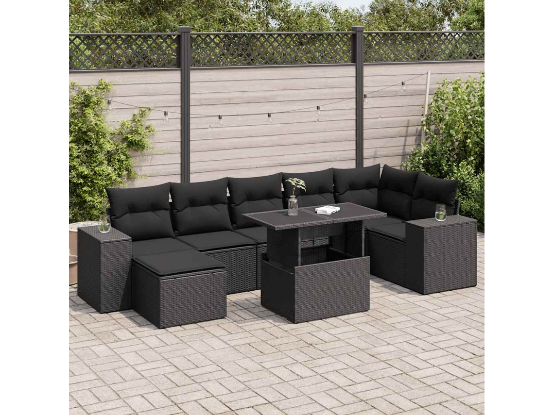 Vidaxl 8 Pcs Conjunto Sofás de Jardim com Almofadões Vime Pe Preto