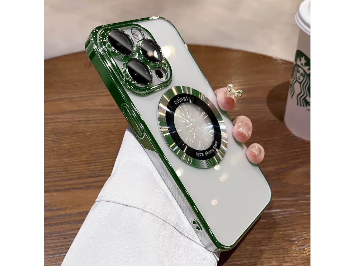 Capa Para Iphone 17 Pro Max Com Lupa Verde Piscante, Revestimento Eletroplástico E Acabamento Magnético.