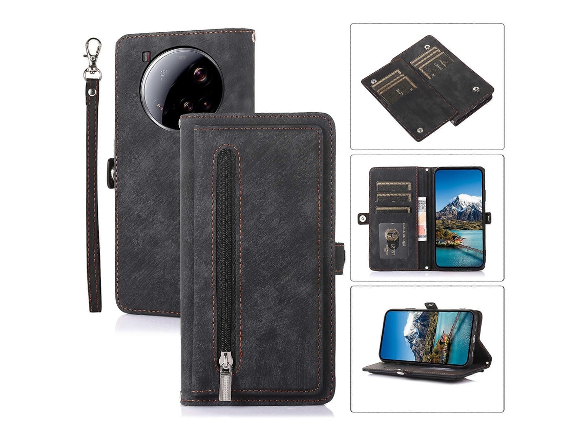Capa De Celular De Couro Sintético Com Alça De Pulso E Bolso Com Zíper Para Xiaomi 15 Ultra, 9 Compartimentos Para Cartão, Preta