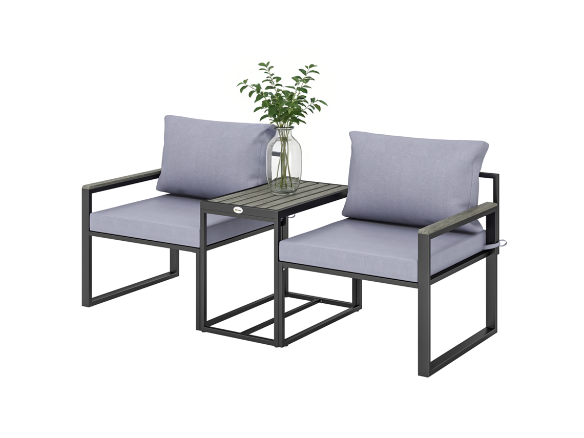 3 Peças Texteline. De Conjunto Externo Com Mesa De Jardim E 2 Cadeiras Com Assento E Almofadas Cinza